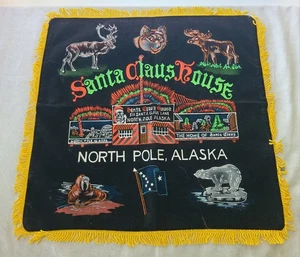 Vintage WEIHNACHTSMANNHAUS Fransen Kissenhülle Bezug Schein Souvenir Nordpol - Bild 1 von 16