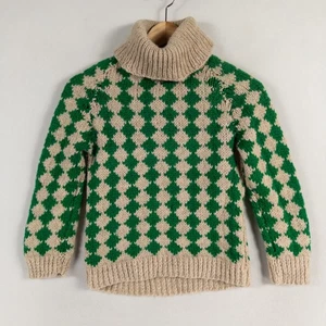 Handmade Sweater Children's Youth S/M Green Tan Diamond Knit Turtleneck Vintage - Picture 1 of 7