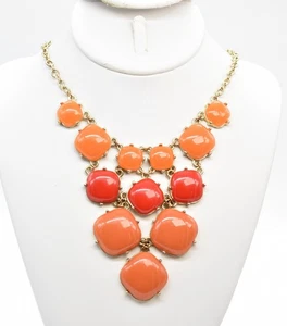 18" Gold-P Orange Red Lucite Smooth Cabochon Squares Chain Bib Choker Necklace - Picture 1 of 3