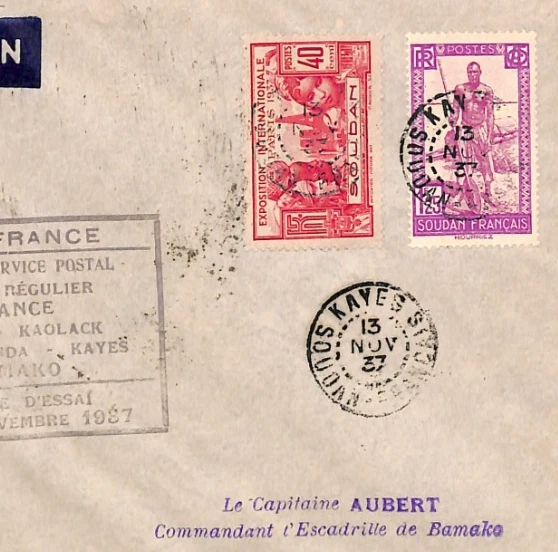 Cubierta de correo aéreo SUDÁN FRANCÉS AOF Air France primer vuelo Kayes Bamako 1937 YH245 Foto 1 de 4