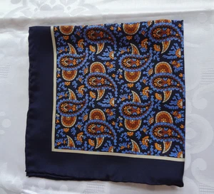 Vintage Hand Made Dark Blue 100% Silk Paisley Design Pocket Square Handkerchief - Picture 1 of 6