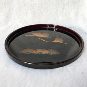 9" Japanese Wooden Tray Black Pattern Gold Bird Crane Fan Plate Lacquer Vintage - Picture 1 of 6