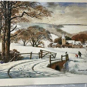 Vtg Unused Christmas Card Winter Scene Snow Gate hills Andrew Howat