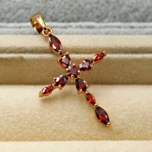 Lab Created Red Garnet 2.30Ct Pear Cut Cross Pendant In 14K Yellow Gold Plated