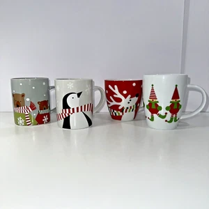 Set of 4 Crate & Barrel Pair Elf  Reindeer Penguin Bear Mugs Holiday Cheer EUC - Picture 1 of 22