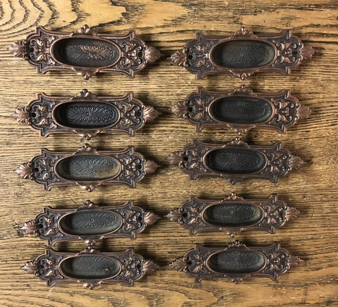 10 Antique Fancy Bronze Plated Victorian Recessed Window Sash Lifts, c1870’s Cover