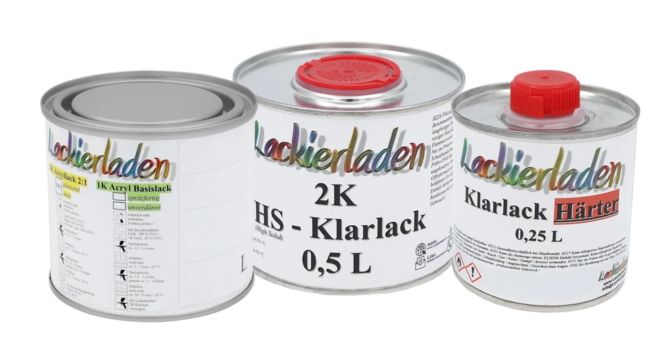 Lackierladen 1L Autolack-Set - 3 Stück (1K Acryl 250ml Basis Autolack, 2K HS 500ml 2:1 Klarlack Inkl. 250ml Härter)