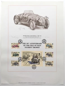 Frazer Nash Le Mans réplica impresión Isla de Man TT conjunto de sellos. Musgo Stirling FIRMADO - Imagen 1 de 8