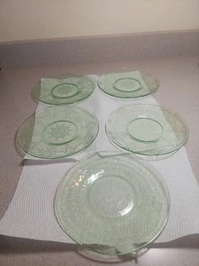 5 VINTAGE GREEN DEPRESSION GLASS BALLERINA  6"  DESERT SAUCER PLATES,  NICE - Picture 1 of 6