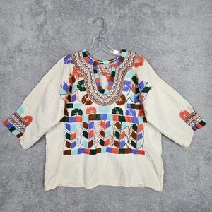 Top Puebla XL Beige Bordado Milpa Frida Oaxaqueño Cuello en V 3 Qtr Slv De Colección para Mujer - Imagen 1 de 24