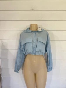 New Zara Woman Blue Cropped Top Jacket Hoodie Pockets Lightweight Size S Y1139 - Picture 1 of 19