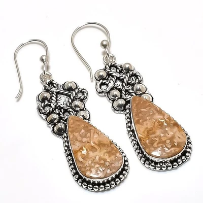 Pendiente de joyería de plata de ley 925 hecho a mano con piedras preciosas de coral fósil 2,56" a488 Foto 1 de 2