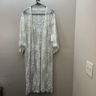White Lace Duster Kimono Long Sheer Boho Coachella Festival Fairy Beach One Size - Image 1 of 4