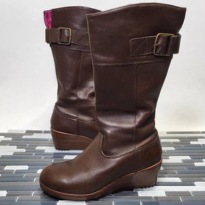 CROCS Women Boots 7 A-LEIGH LEATHER Mid-Calf Wedge Heel Zip Buckle US Size 6 - Picture 1 of 8