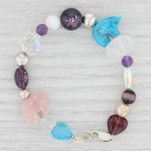 New Bead Statement Bracelet Sterling Silver 7.5" Floral Glass Turquoise Bear - Picture 1 of 3