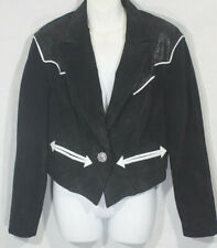 Suede Leather Coat Vintage 80's Frontier Western Jacket Black White Trim Yoke M