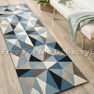 MATA HANDMADE WOOL GEOMETRIC MODERN FLOOR RUG RUNNER 80x300cm **FREE DELIVERY** - Picture 1 of 5