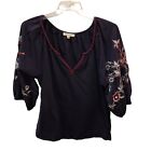 Solitaire Large Blue Flower Embroidered 3/4 Sleeve Boho Blouse Top Shirt Sz L