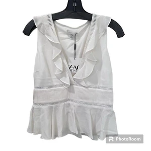 Zac Posen White Sleeveless Deep V Neck Silk Top Size 2 Ruffle Detail - Picture 1 of 8