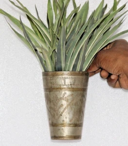 Vintage Old Brass Inlay Floral Engraved Flower Vase/ Pen Holder Wall Hanging - Picture 1 of 9