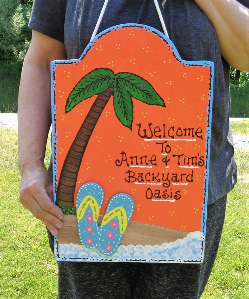 Chanclas 17" PATIO TRASERO OASIS SIGNO Personalizado Colgador de Pared Placa Cubierta Patio Foto 1 de 1