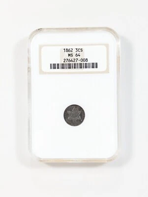 1862 3 Cent Silver Trime 3CS NGC MS64 Toned 🌈 NGC Old Fatty Holder White - Image 1 of 4