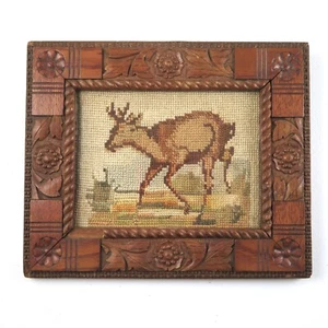 Antique Silk Embroidery Stag Deer Eastlake Frame - Picture 1 of 8