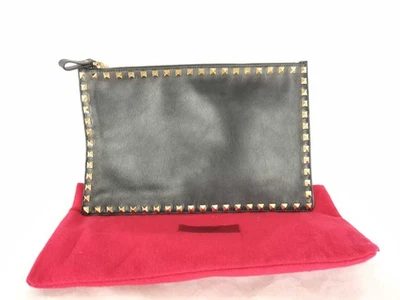 Valentino Garavani Rockstud Black Leather Clutch Bag Pouch Gold Studs Dust Bag - Image 1 of 4