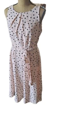 Elle Sleeveless Fit & Flare Dress Polka Dot Tie Belt Women's Size 12 Pink & Blk - Image 1 of 4