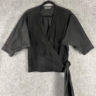 La Matta Suede Wrap Top Womens 4 Black Cotton Made in Italy Lagenlook Minimalist - Photo 1/4