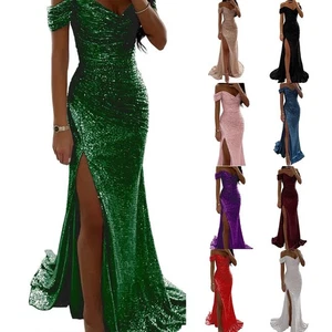 Fashion Dress Long Dress Elegant Off Shoulder Sleeveless Slim Split V Neck - Picture 1 of 25