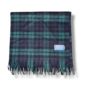 Vintage Pendleton Navy Blue Green Plaid 100% virgin Wool Scarf USA - Picture 1 of 10