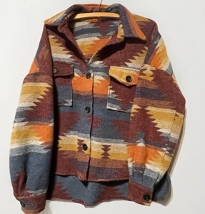 Boho Aztec Tribal Southwestern Print High Low Size Large Shirt Jacket Outerwear - Picture 1 of 3