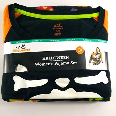 Womens Celebrate Halloween Pajamas NWT Glow In Dark Skeleton Candy Top Pants XL  - Image 1 of 4