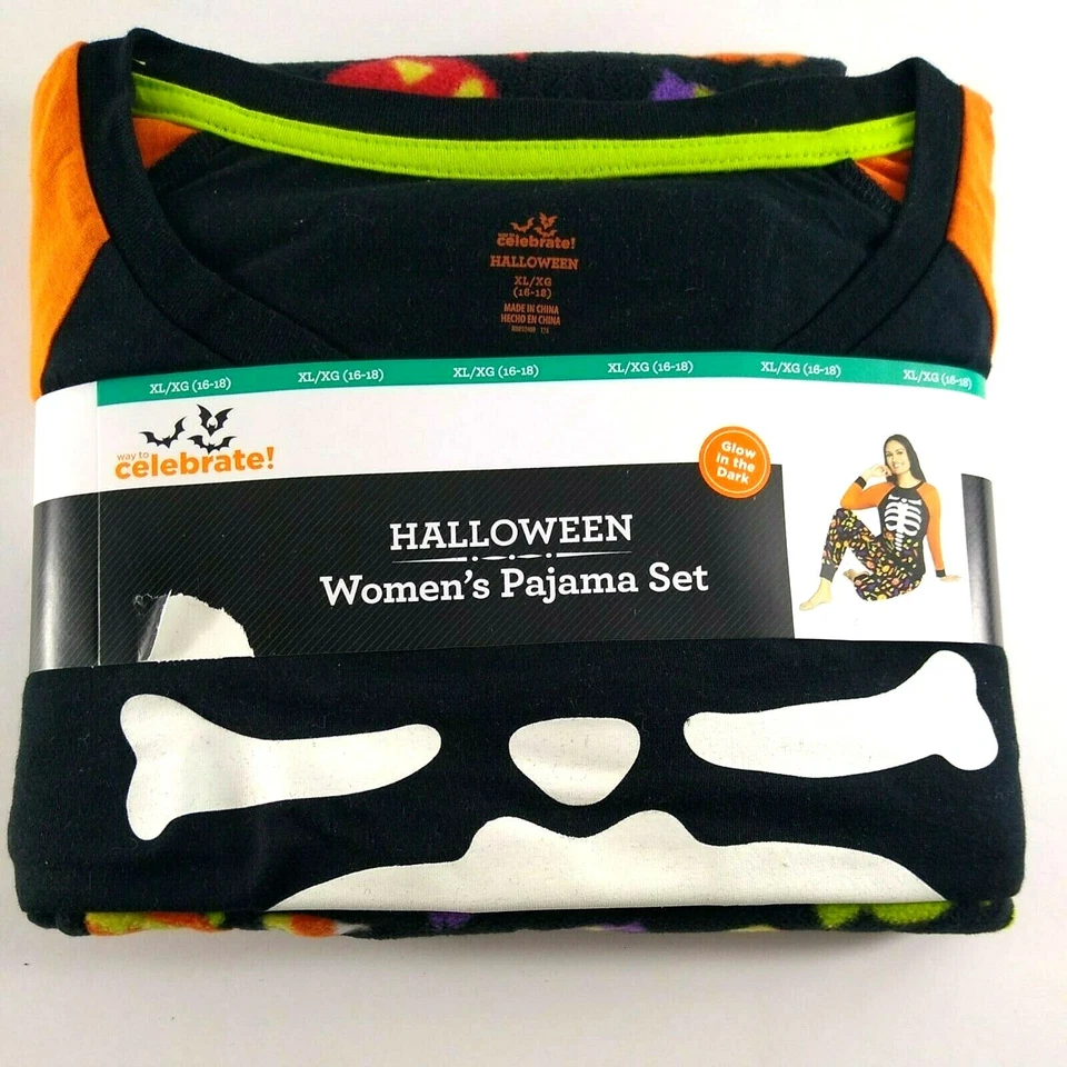 Women's Size XL 16-18 Celebrate Halloween Two-Piece Pajama Set Candy Skeleton