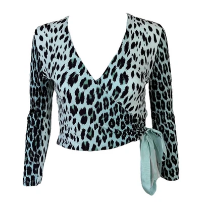Blumarine Blue Leopard Print Knit Wrap Top NEW - Image 1 of 4