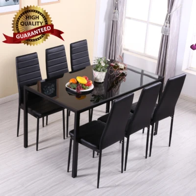 Tempered Glass Top Dining Table Chairs Set Kitchen Dinner Furniture Metal Frame - Image 1 of 4
