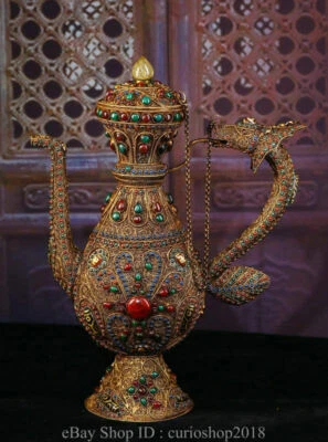 Vaso de vinho 15,2 "antigo budismo tibetano incrustado fio de prata contas dzi gema cabo de dragão - Imagem 1 de 4