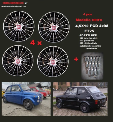 4 CERCHI in LEGA Fiat 126 500 F L R GRIFO Nero 12 4x98 epoca old per tuning - Imagen 1 de 4