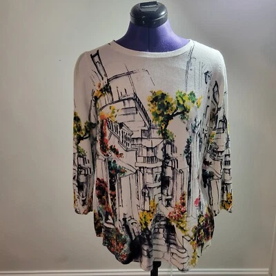 Joseph A White Artsy European Street Scene Pullover Sweater 3/4 Sleeve-W S SM - Image 1 of 4