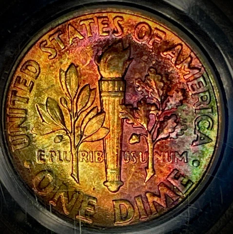 1946 Silver Roosevelt Dime PCGS MS 65 Beautiful Rainbow Color Toned Cover