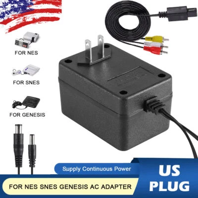 AC Power Supply Adapter Cable + Audio AV RCA Cord for Nintendo NES SNES GENESIS - Image 1 of 4