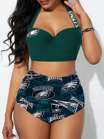 Philadelphia Eagles Women's 2PCS Bikini Set Beach Halter High Waist Bathing Suit Cover