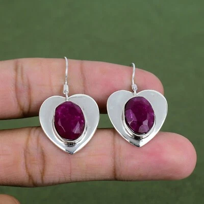 Faceted Kashmir Rubi Real Gemstone Earrings 925 Sterling Silver Handmade Earring - Image 1 of 4