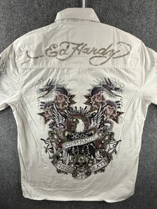 Ed Hardy White Button Up Large Christian Audigier Floral Skull Kiss Of Death Men - Picture 1 of 19