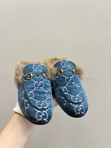 Authentic GUCCI GG 7US 37EU Princetown Fur Mule Horsebit Loafer Blue Velvet - Picture 1 of 8