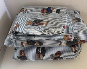 VTG 4 Pc Twin Sheet Set RALPH LAUREN Teddy Bear Blue & White Striped Multi #7147 - Picture 1 of 11