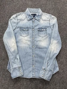 Camicia American Eagle taglia 6 media lunga denim blu western perla bottoni a pressione - Foto 1 di 15