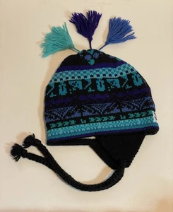 Vtg Murray Merkley Wool Hat Knit BlackPurple Teal Beanie Cap Ear Flaps Tassel - Picture 1 of 5
