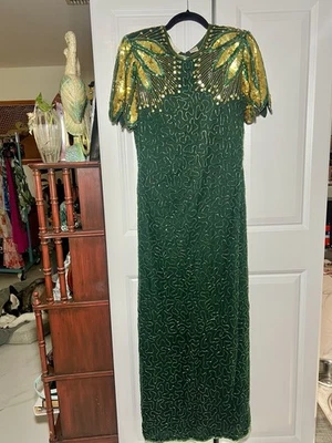 Vestido Laurence Kazar Vintage Años 80 Seda Verde y Dorado Cuentas Talla PM Foto 1 de 4